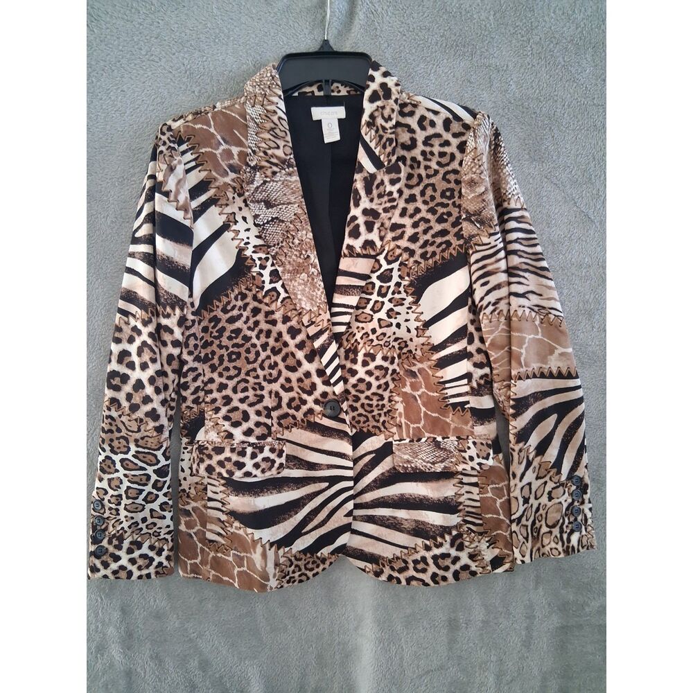 Chicos Sm Blazer Animal Safari Print Neutral Tan Black Leopard Zebra Giraffe